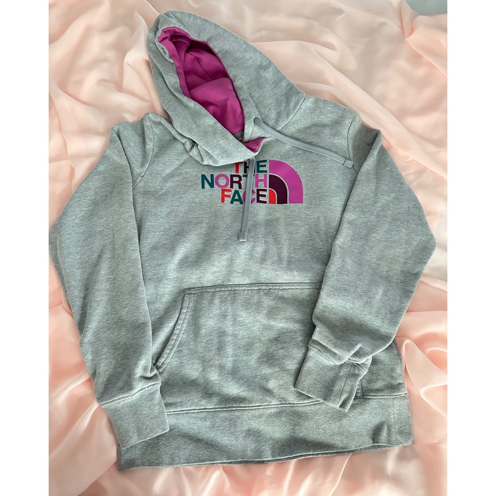 The North Face Womens Grey Multicolor Logo Pullover Hoodie Size Small Magenta